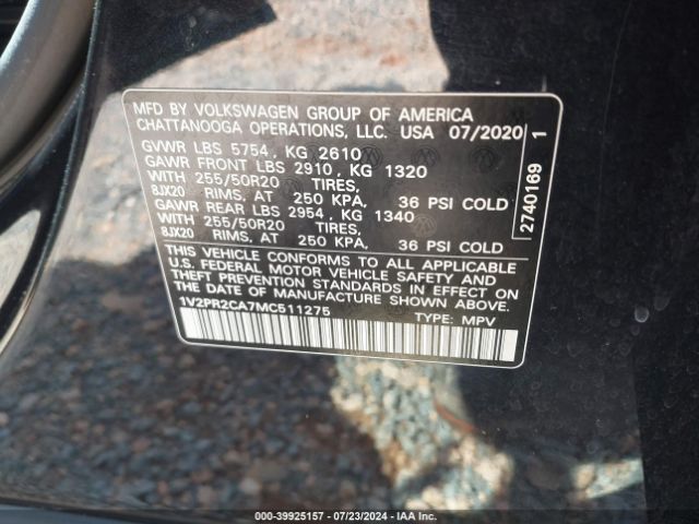 1V2PR2CA7MC511275 Volkswagen Atlas 3.6l V6 Se W/technology R-line