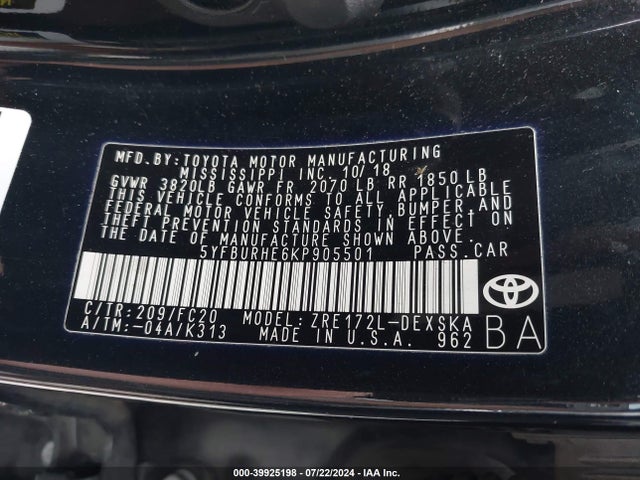Toyota COROLLA SE 2019 5YFBURHE6KP905501 Image 9