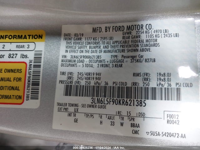 3LN6L5F90KR621385 Lincoln Mkz Reserve Ii