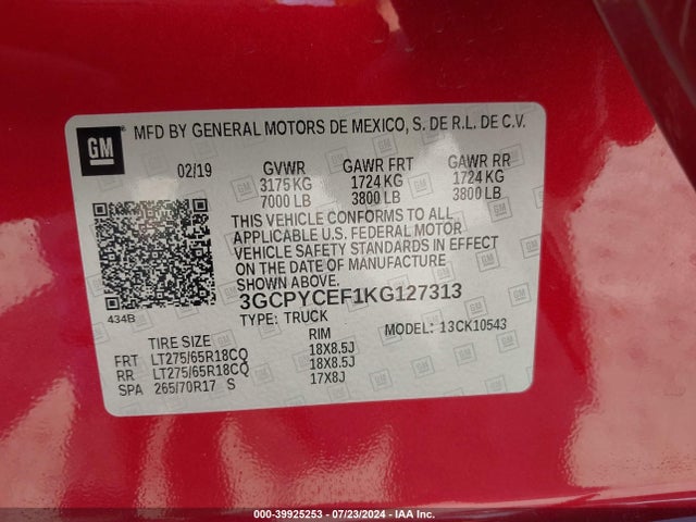 Chevrolet Silverado 1500 Custom Trail Boss 2019 3GCPYCEF1KG127313 Image 9