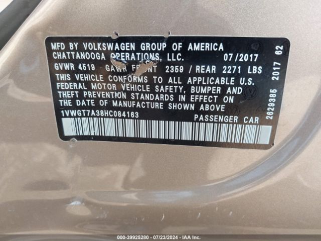 1VWGT7A38HC084163 Volkswagen Passat 1.8t Se