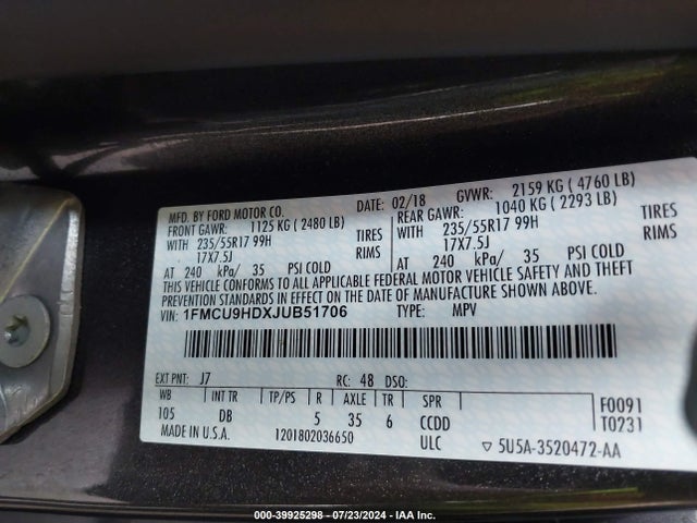 Ford ESCAPE SEL 2018 1FMCU9HDXJUB51706 Image 9