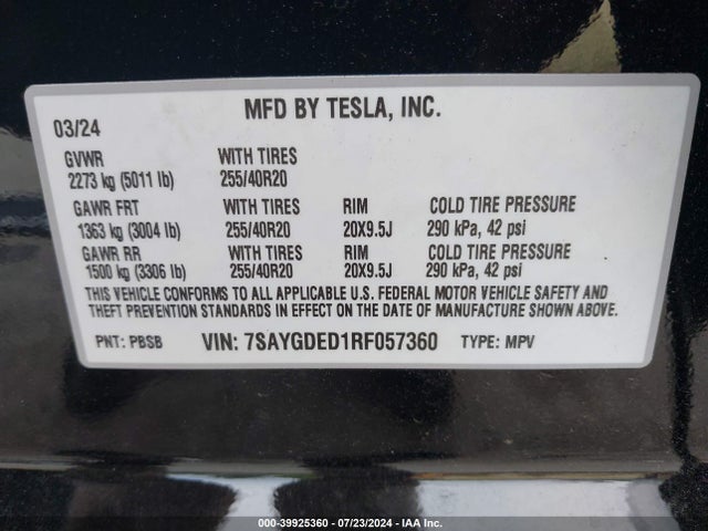 2024 TESLA MODEL Y 7SAYGDED1RF057360 Photo 8