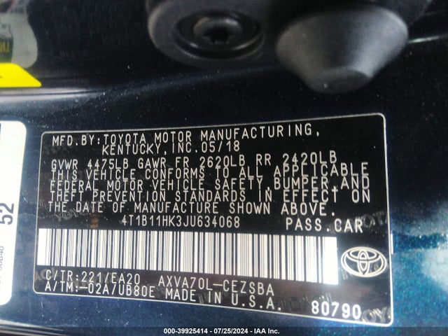 Toyota CAMRY SE 2018 4T1B11HK3JU634068 Image 9