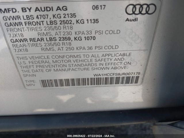 WA1HCCFS8JR007175 Audi Q3 2.0t Premium/2.0t Sport Premium