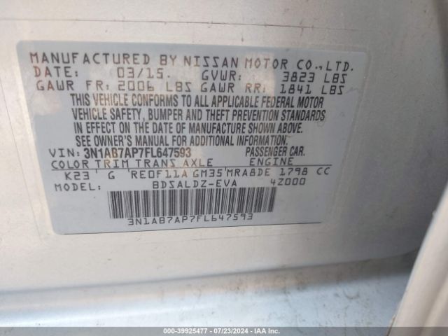 3N1AB7AP7FL647593 Nissan Sentra Fe+ S/s/sl/sr/sv