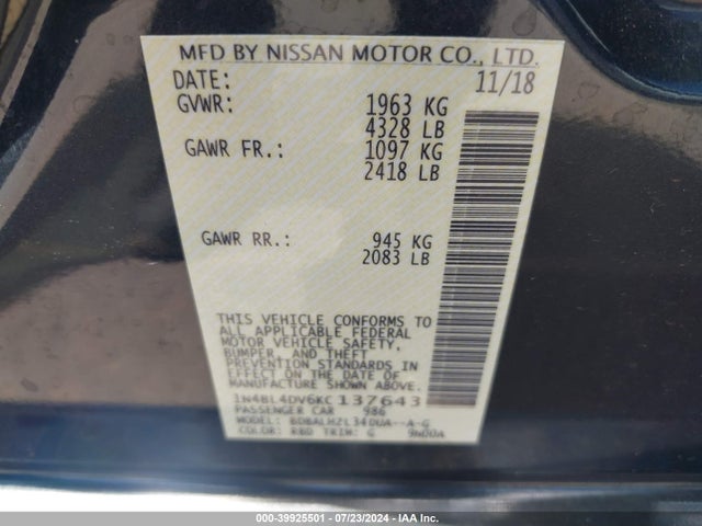 Nissan Altima 2.5 Sv 2019 1N4BL4DV6KC137643 Image 9
