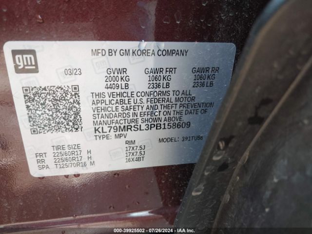 KL79MRSL3PB158609 Chevrolet Trailblazer Awd Lt