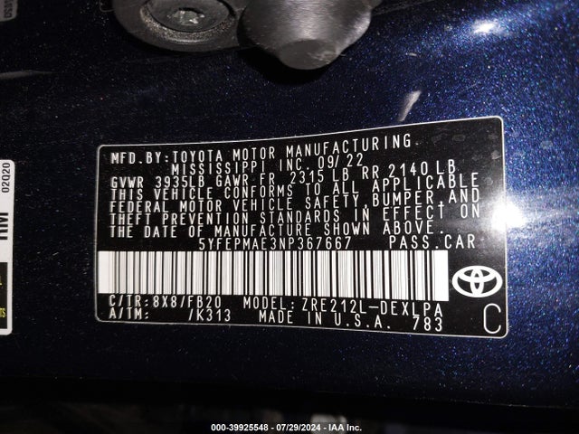 Toyota COROLLA LE 2022 5YFEPMAE3NP367667 Image 9