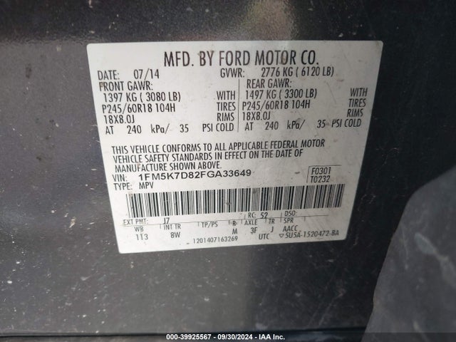 Ford EXPLORER XLT 2015 1FM5K7D82FGA33649 Image 9