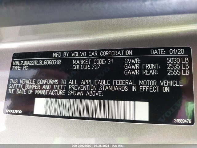7JRA22TL3LG060318 Volvo S60 T6 Inscription