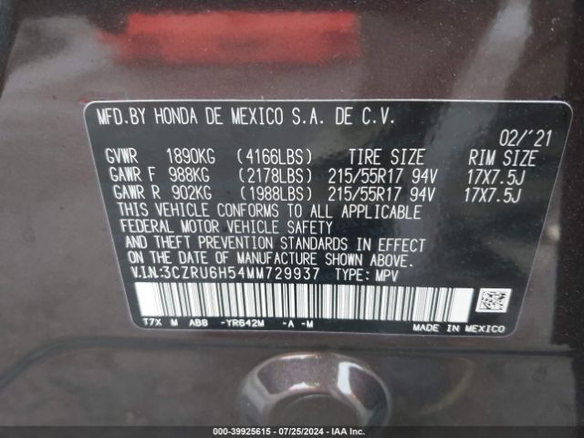3CZRU6H54MM729937 Honda Hr-v Awd Ex