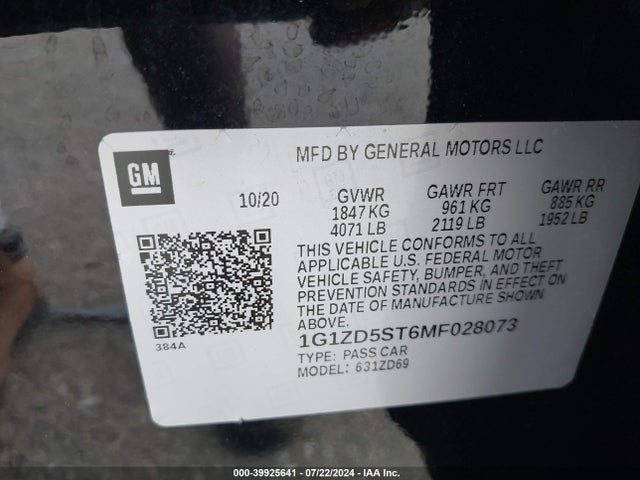2021 Chevrolet Malibu Fwd Lt მანქანა იყიდება აუქციონზე, vin: 1G1ZD5ST6MF028073, აუქციონის ნომერი: 39925641