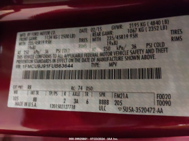 Ford Escape Titanium 2015 1FMCU9J91FUB63644 Image 9