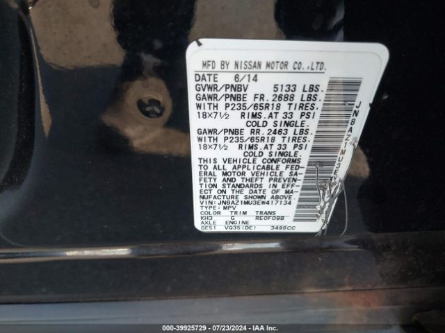 JN8AZ1MU3EW417134 Nissan MURANO SV