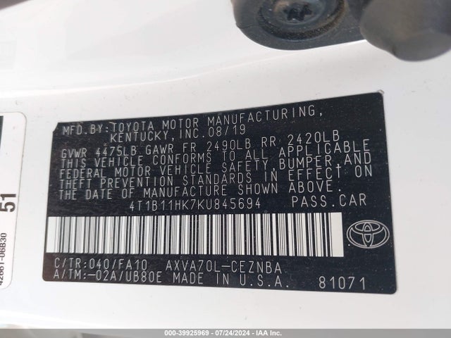 Toyota CAMRY LE 2019 4T1B11HK7KU845694 Image 9