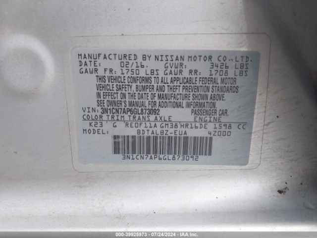 3N1CN7AP6GL873092 Nissan Versa 1.6 S/1.6 S+/1.6 Sl/1.6 Sv