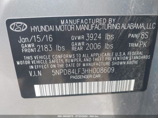 5NPD84LF3HH008609 Hyundai Elantra Limited