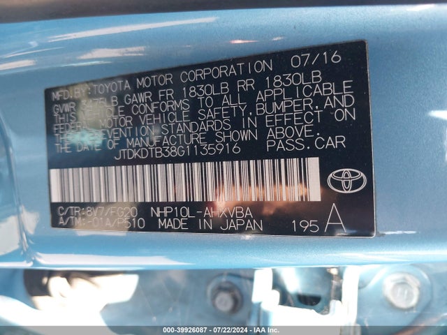 Toyota Prius C Two 2016 JTDKDTB38G1135916 Image 9