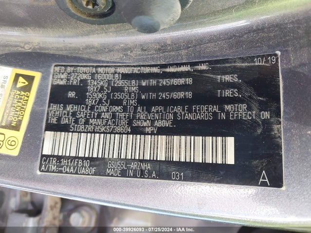 Toyota Highlander Le 2019 5TDBZRFH5KS738604 Image 9