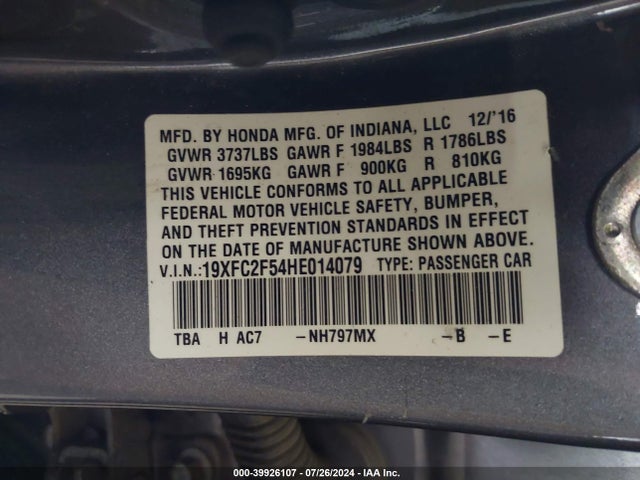 2017 Honda Civic Lx მანქანა იყიდება აუქციონზე, vin: 19XFC2F54HE014079, აუქციონის ნომერი: 39926107
