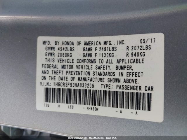 1HGCR3F93HA033205 Honda Accord Touring V6