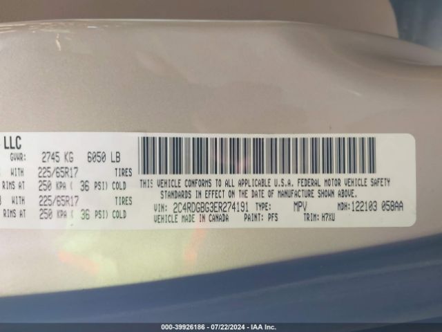2C4RDGBG3ER274191 Dodge Grand Caravan American Value Pkg
