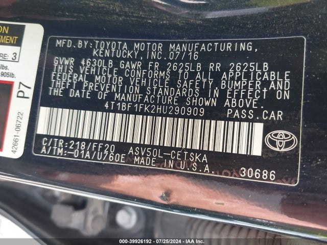 Toyota CAMRY SE 2017 4T1BF1FK2HU290909 Image 9
