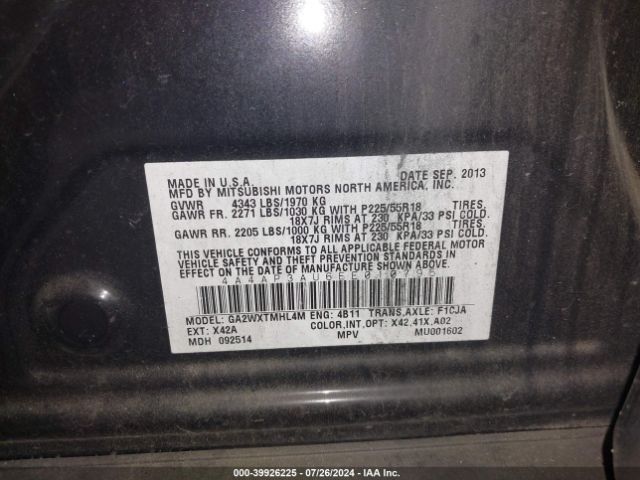 4A4AP3AU6EE010795 Mitsubishi Outlander Sport Es