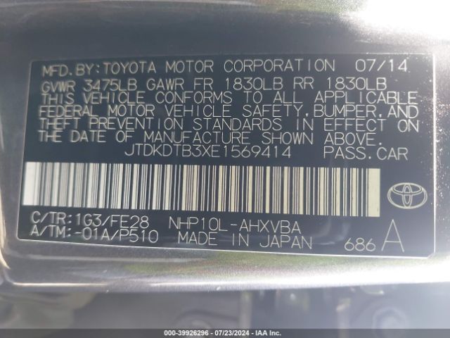 JTDKDTB3XE1569414 Toyota Prius C One