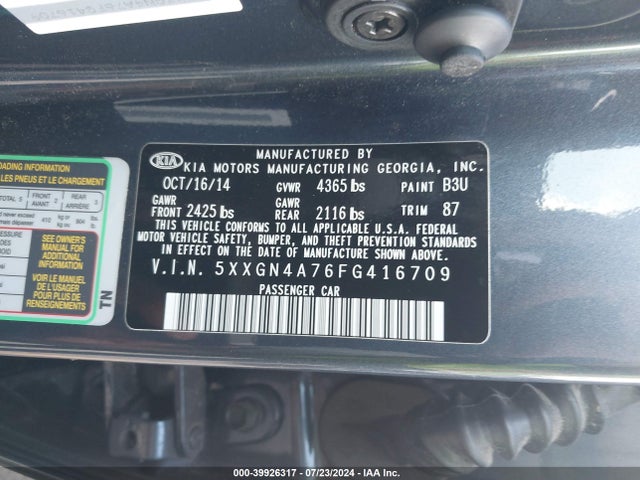 Aukcja sprzedaży 2015 Kia Optima Ex, vin: 5XXGN4A76FG416709, numer aukcji: 39926317