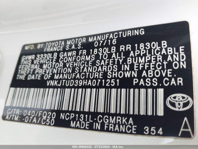 VNKJTUD39HA071251 Toyota YARIS L