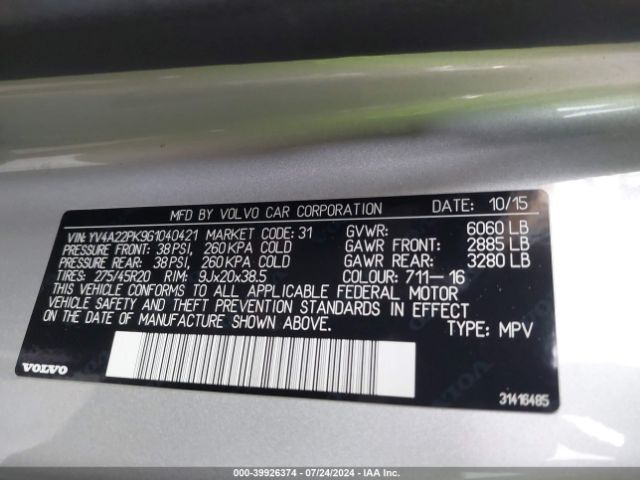 YV4A22PK9G1040421 Volvo Xc90 T6 Momentum