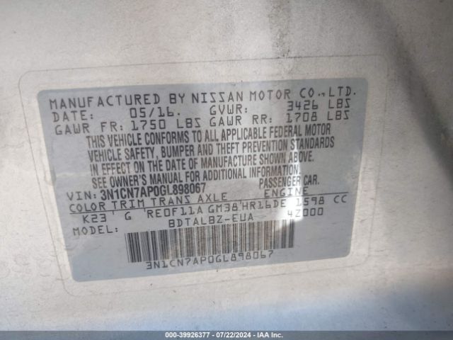 3N1CN7AP0GL898067 Nissan Versa 1.6 S/1.6 S+/1.6 Sl/1.6 Sv
