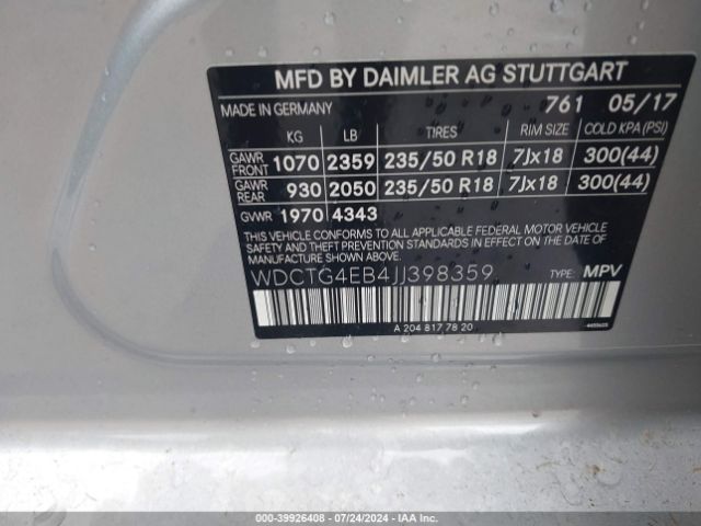 WDCTG4EB4JJ398359 Mercedes-Benz GLA 250