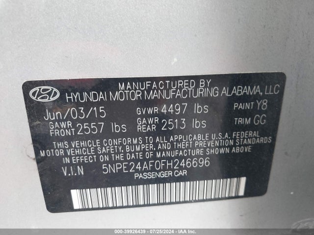 Hyundai SONATA SE 2015 5NPE24AF0FH246696 Image 9