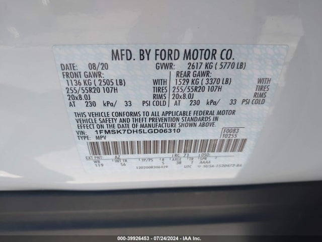 Ford EXPLORER XLT 2020 1FMSK7DH5LGD06310 Image 9