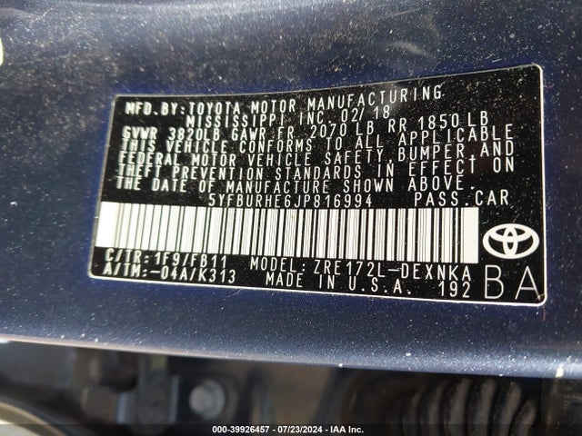 Toyota COROLLA LE 2018 5YFBURHE6JP816994 Image 9