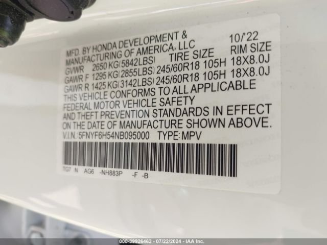 5FNYF6H54NB095000 Honda Pilot Awd Ex-l