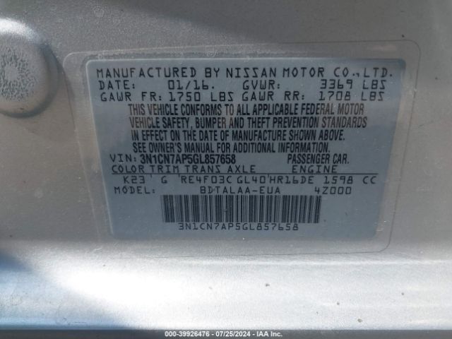 3N1CN7AP5GL857658 Nissan Versa 1.6 S