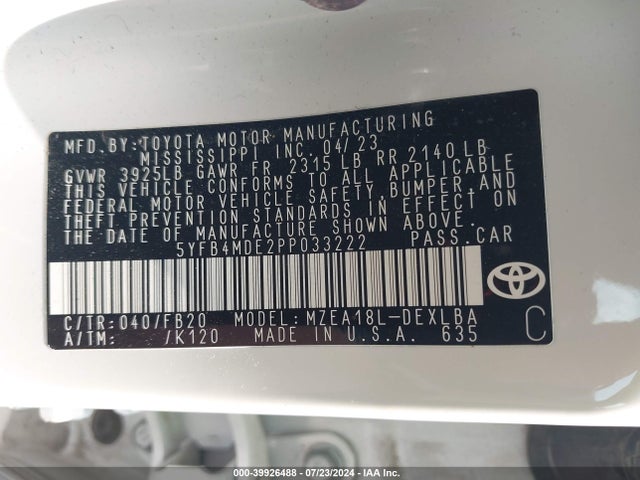 Toyota COROLLA LE 2023 5YFB4MDE2PP033222 Image 9