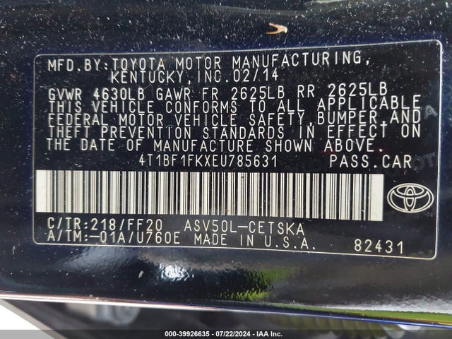 Toyota CAMRY SE 2014 4T1BF1FKXEU785631 Image 9