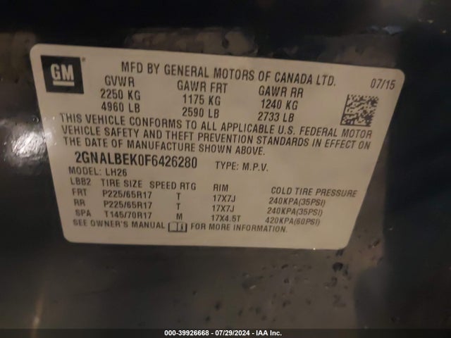 Chevrolet EQUINOX 1LT 2015 2GNALBEK0F6426280 Image 9