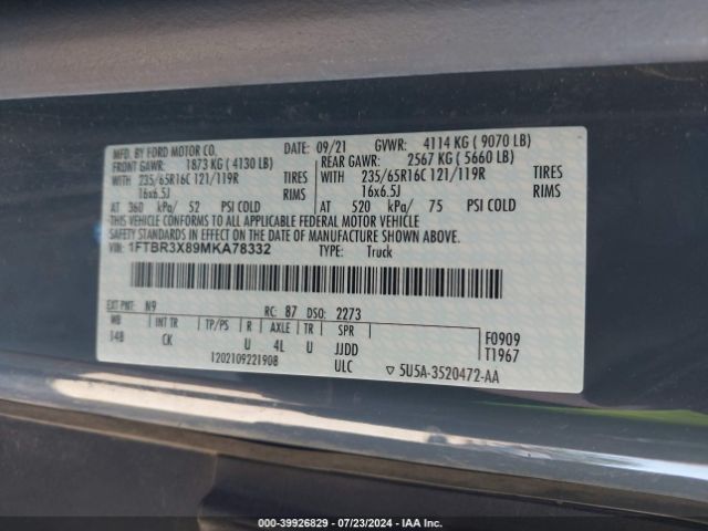 1FTBR3X89MKA78332 Ford Transit-250 Cargo Van