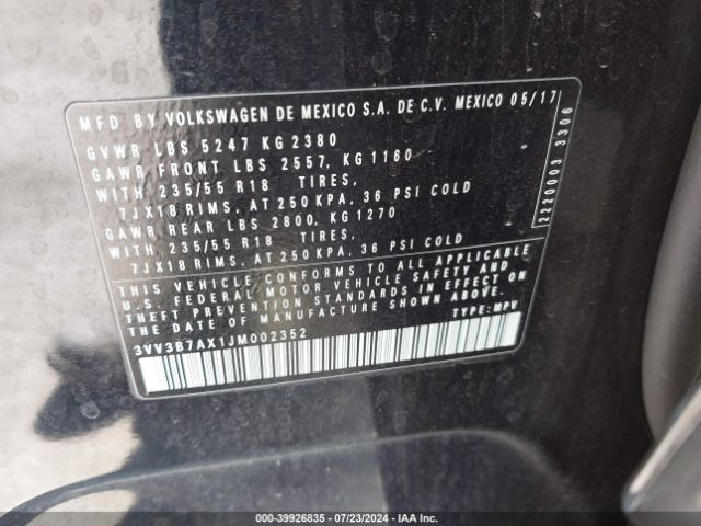 3VV3B7AX1JM002352 Volkswagen Tiguan 2.0t Se/2.0t Sel