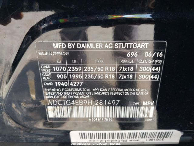 WDCTG4EB9HJ281497 Mercedes-Benz GLA 250
