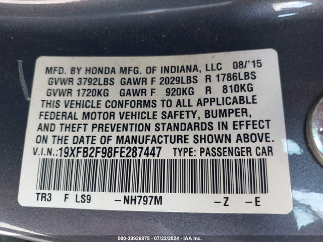 Honda Civic Ex-l 2015 19XFB2F98FE287447 Image 9