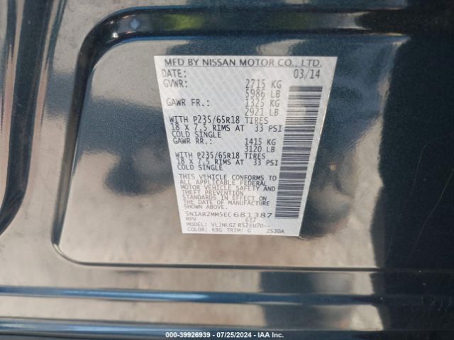 5N1AR2MM5EC681387 Nissan Pathfinder Platinum/s/sl/sv
