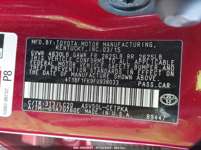 Toyota CAMRY XSE 2015 4T1BF1FK9FU938033 Image 9