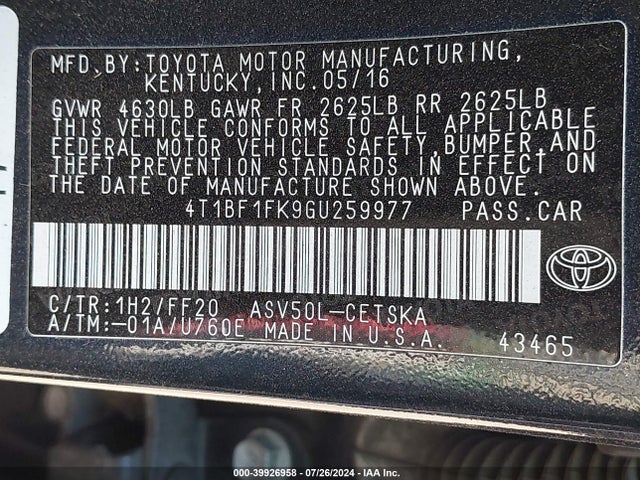 Toyota CAMRY SE 2016 4T1BF1FK9GU259977 Image 9